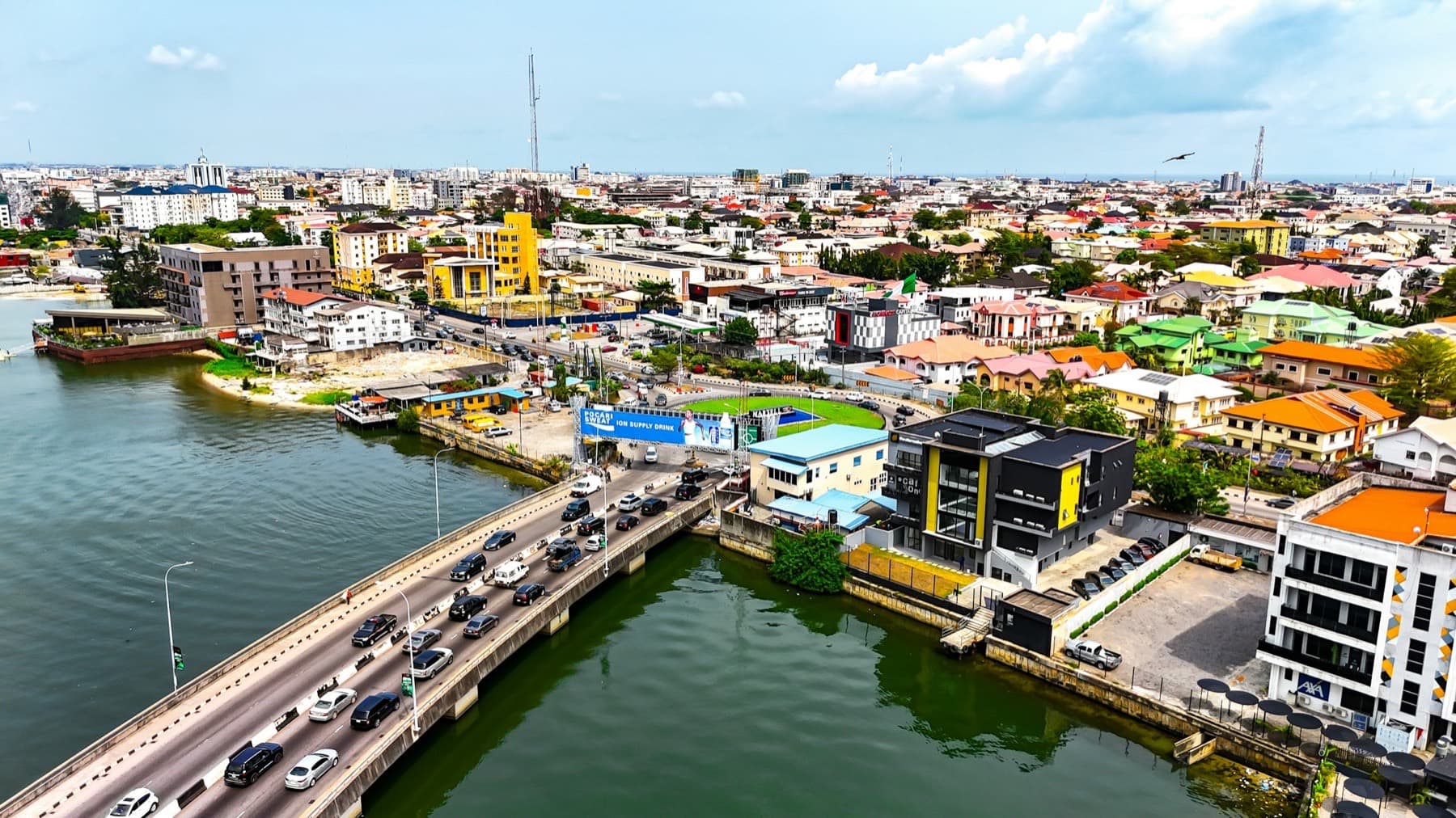 Aerial view of the Lekki-Ikoyi area of Lagos with the link bridge and lagoon